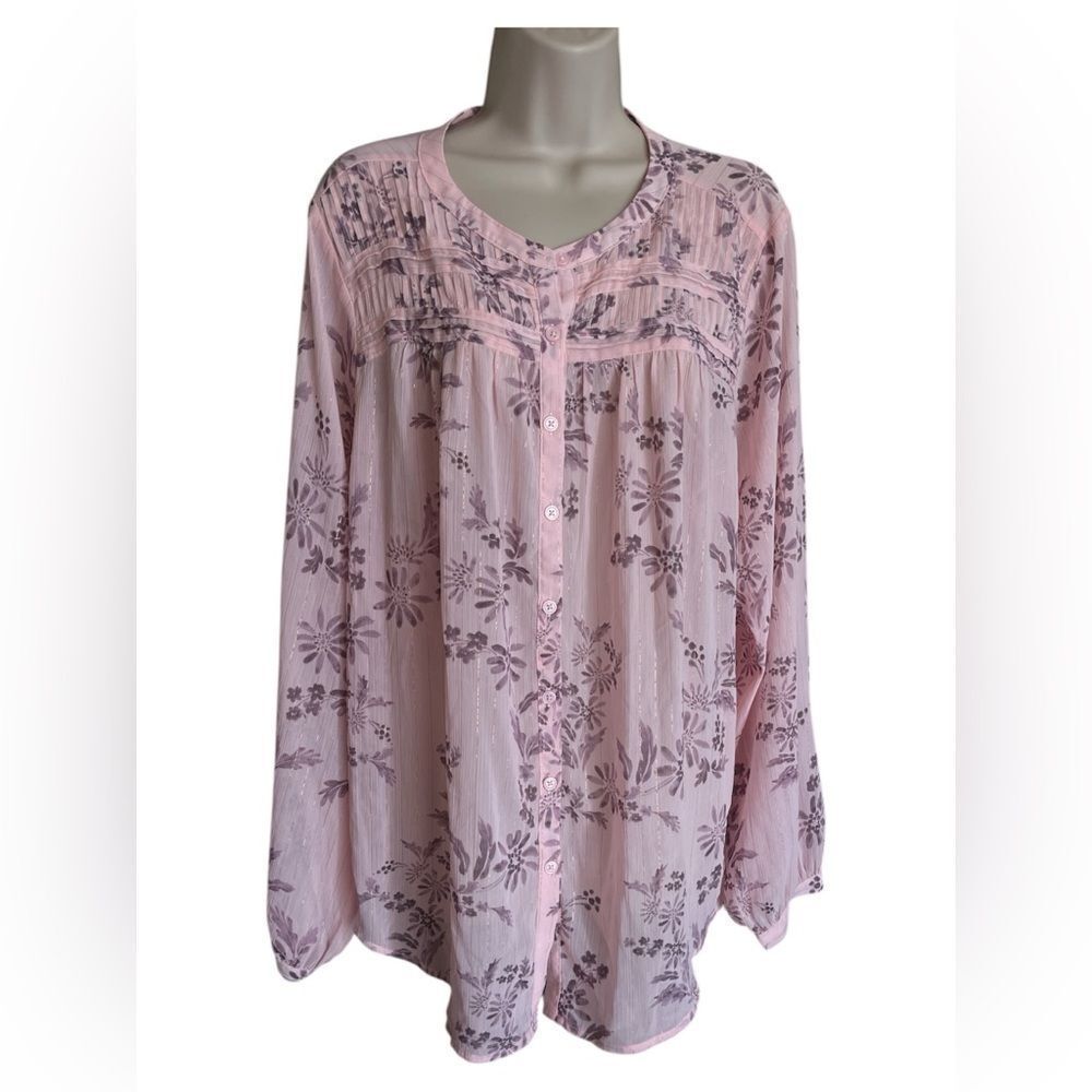 Torrid Light Pink pastel Floral Sprinkle Long Sleeve Sheer see-through Blouse